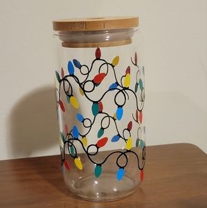 Christmas Lights 16 oz Can Glass with Bamboo Lid and Glass Straw